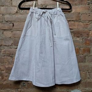 White and Cream Striped Midi Skirt With Pockets